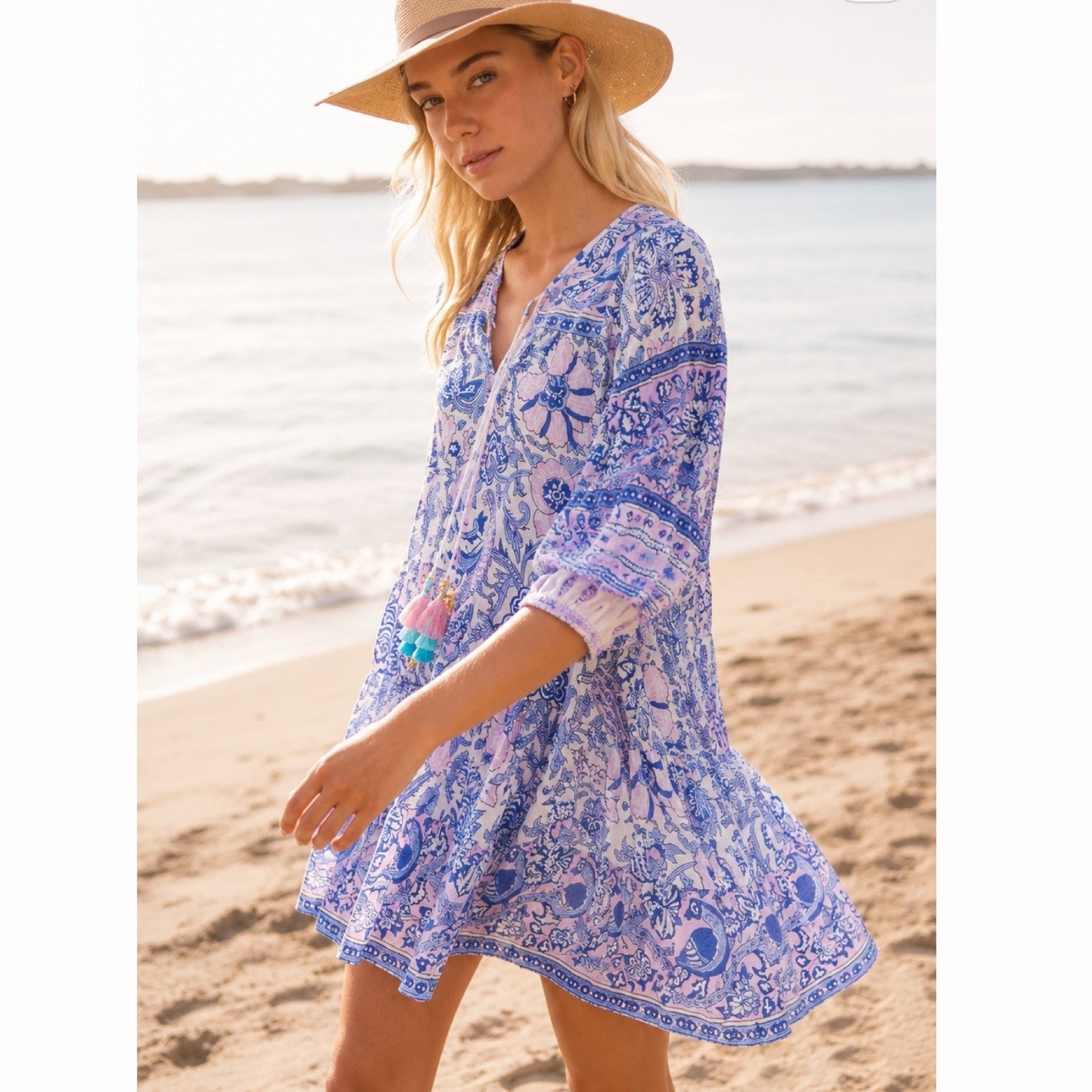 Bell By Alicia Bell Amelia Cotton Silk Mini Dress Block Print Tassel Xs Coastal